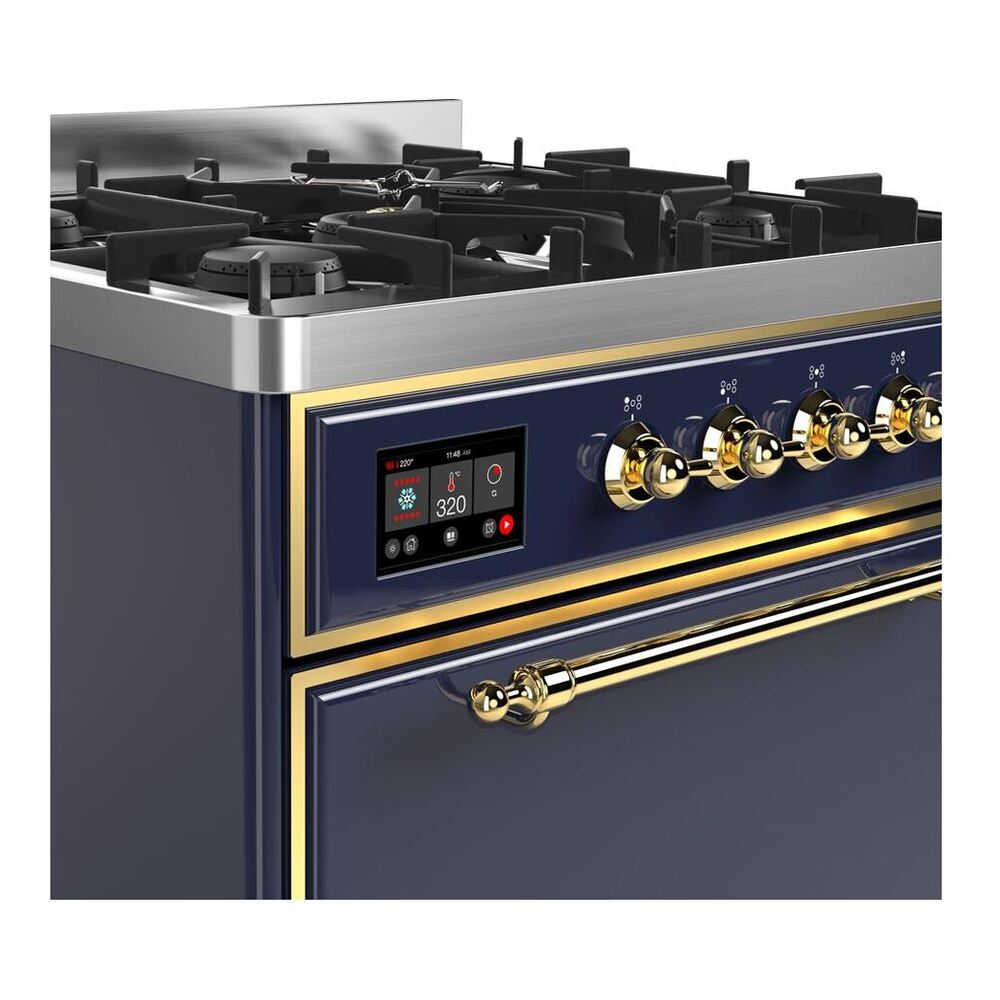 ILVE UM30DQNE3MBGLP Majestic II 30 inch Dual Fuel Range with 5 Black Brass Burners (Liquid Propane, Solid Door, Midnight Blue, Brass) 6 ILVE UM30D Majestic II 30 inch Dual Fuel Range with 5 Black Brass Burners