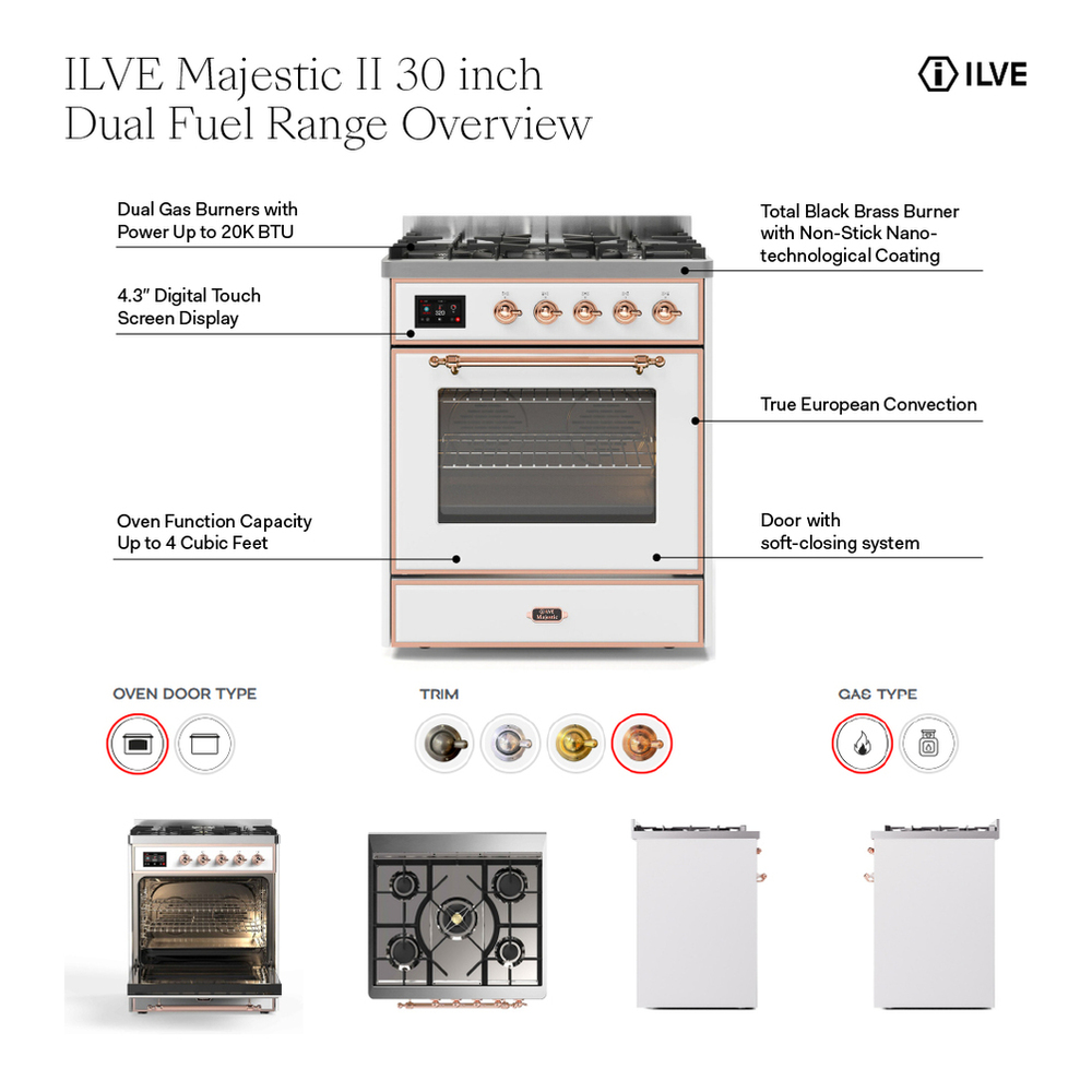 ILVE UM30DQNE3MBGLP Majestic II 30 inch Dual Fuel Range with 5 Black Brass Burners (Liquid Propane, Solid Door, Midnight Blue, Brass) 2 ILVE Majestic 30 inch Range Overview