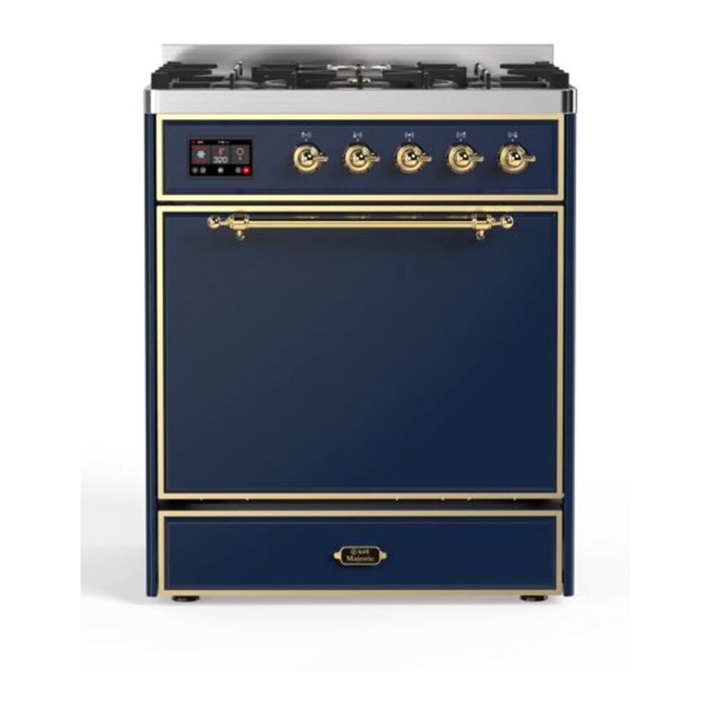 ILVE UM30DQNE3MBG Majestic II 30 inch Dual Fuel Range with 5 Black Brass Burners (Natural Gas, Solid Door, Midnight Blue, Brass) 1 UM30DQNE3MBG