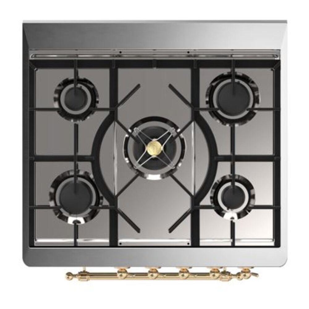 ILVE UM30DQNE3MBG Majestic II 30 inch Dual Fuel Range with 5 Black Brass Burners (Natural Gas, Solid Door, Midnight Blue, Brass) 7 ILVE_UM30DQNE3MBG_Majestic_II_30_Dual_Fuel_Range_Top_Angle
