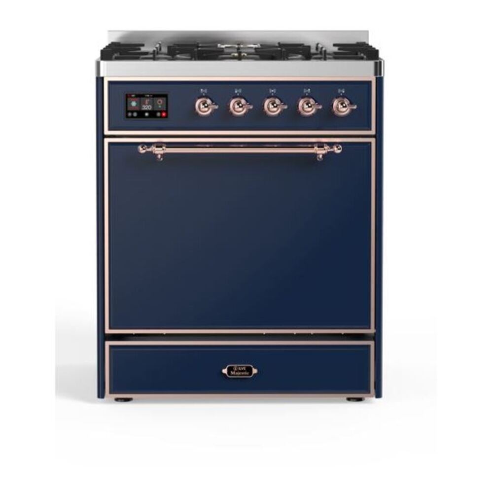 ILVE UM30DQNE3MBPLP Majestic II 30 inch Dual Fuel Range with 5 Black Brass Burners (Liquid Propane, Solid Door, Midnight Blue, Copper) 1 UM30DQNE3MBPLP