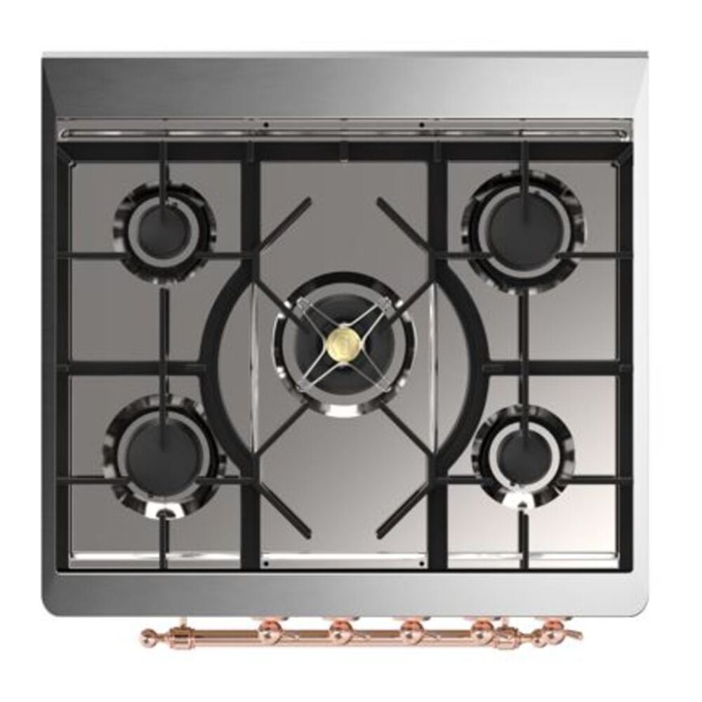 ILVE UM30DQNE3MBPLP Majestic II 30 inch Dual Fuel Range with 5 Black Brass Burners (Liquid Propane, Solid Door, Midnight Blue, Copper) 7 ILVE_UM30DQNE3MBPLP_Majestic_II_30"_Dual_Fuel_Range_Top_Angle