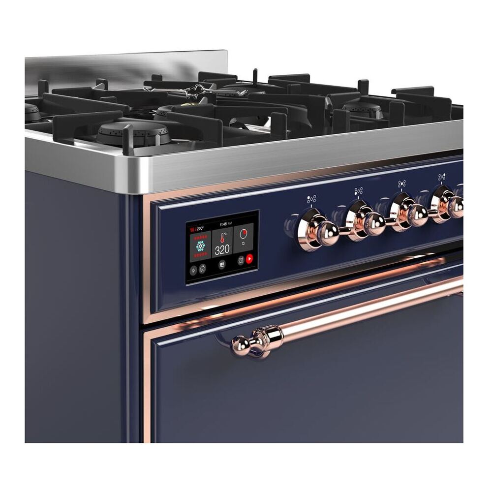 ILVE UM30DQNE3MBPLP Majestic II 30 inch Dual Fuel Range with 5 Black Brass Burners (Liquid Propane, Solid Door, Midnight Blue, Copper) 6 ILVE UM30D Majestic II 30 inch Dual Fuel Range with 5 Black Brass Burners