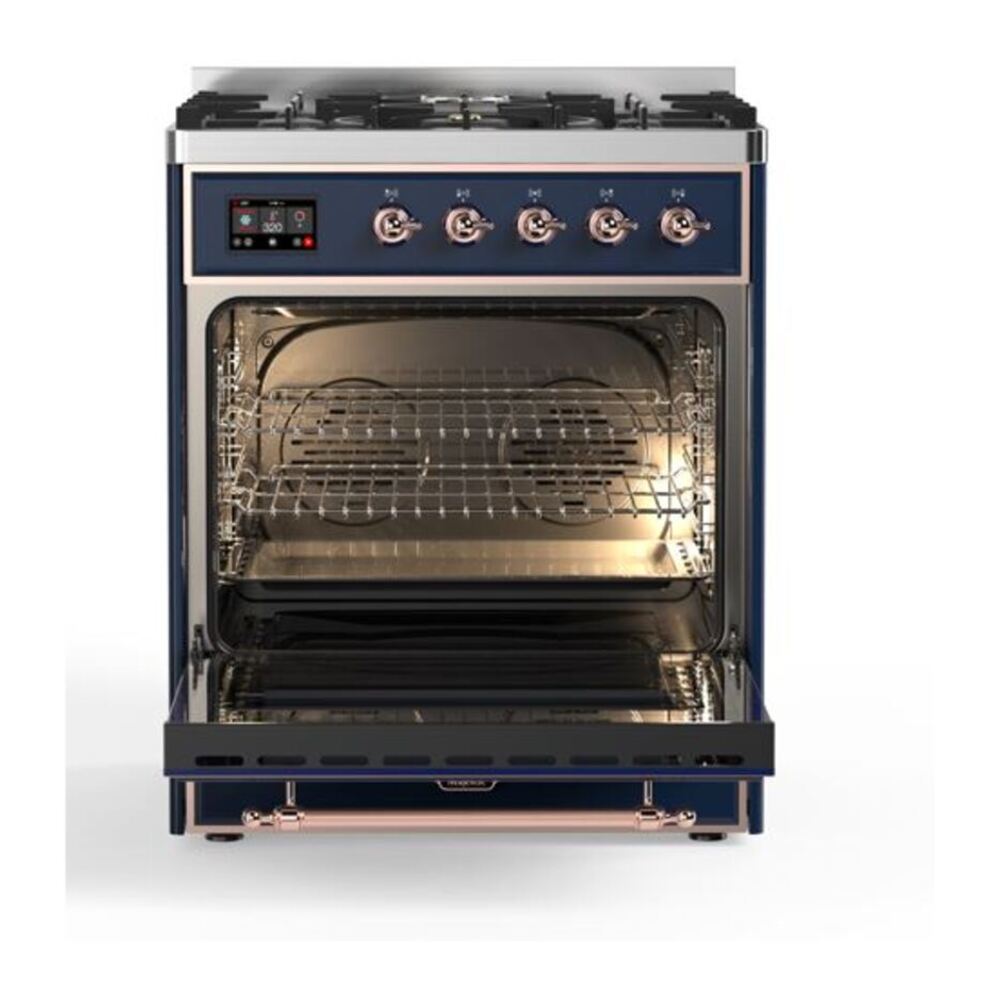 ILVE UM30DQNE3MBP Majestic II 30 inch Dual Fuel Range with 5 Black Brass Burners (Natural Gas, Solid Door, Midnight Blue, Copper) 5 ILVE_UM30DQNE3MBP_Majestic_II_30_Dual_Fuel_Range_Front_View