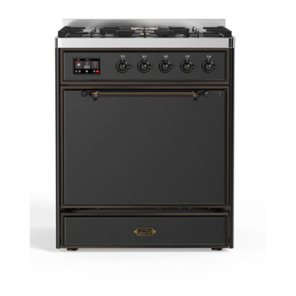 ILVE UM30DQNE3MGBLP Majestic II 30 inch Dual Fuel Range with 5 Black Brass Burners (Liquid Propane, Solid Door, Graphite Matte, Burnished) 1 UM30DQNE3MGBLP