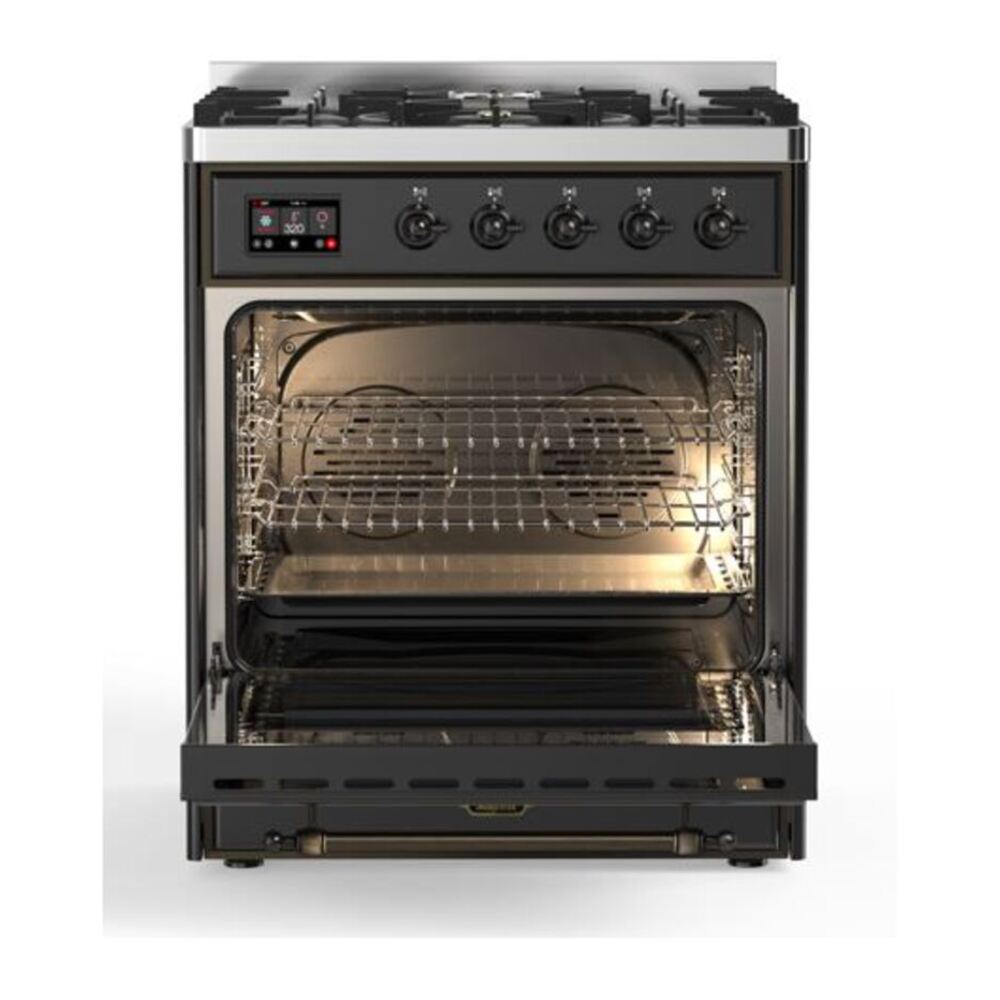 ILVE UM30DQNE3MGB Majestic II 30 inch Dual Fuel Range with 5 Black Brass Burners (Natural Gas, Solid Door, Graphite Matte, Burnished) 5 ILVE_UM30DQNE3MGB_Majestic_II_30_Dual_Fuel_Range_Front_View