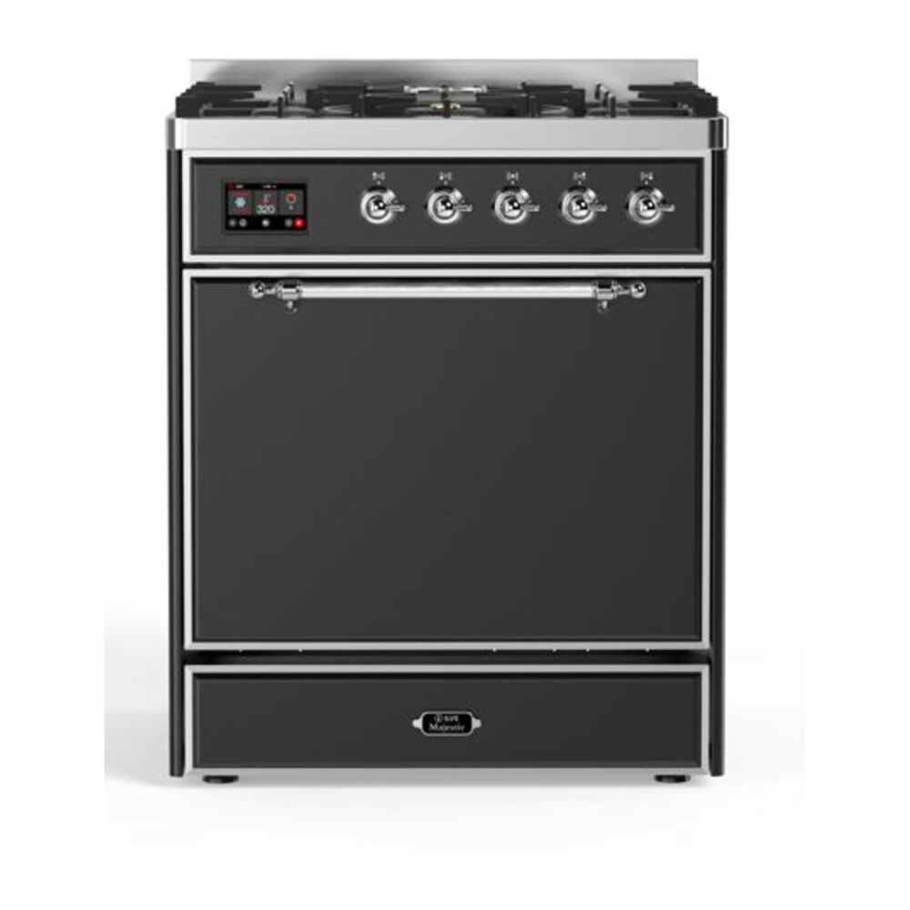 ILVE UM30DQNE3MGCLP Majestic II 30 inch Dual Fuel Range with 5 Black Brass Burners (Liquid Propane, Solid Door, Graphite Matte, Chrome) 1 UM30DQNE3MGCLP