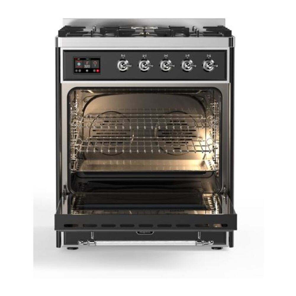 ILVE UM30DQNE3MGCLP Majestic II 30 inch Dual Fuel Range with 5 Black Brass Burners (Liquid Propane, Solid Door, Graphite Matte, Chrome) 5 ILVE_UM30DQNE3MGCLP_Majestic_II_30"_Dual_Fuel_Range_Front_View