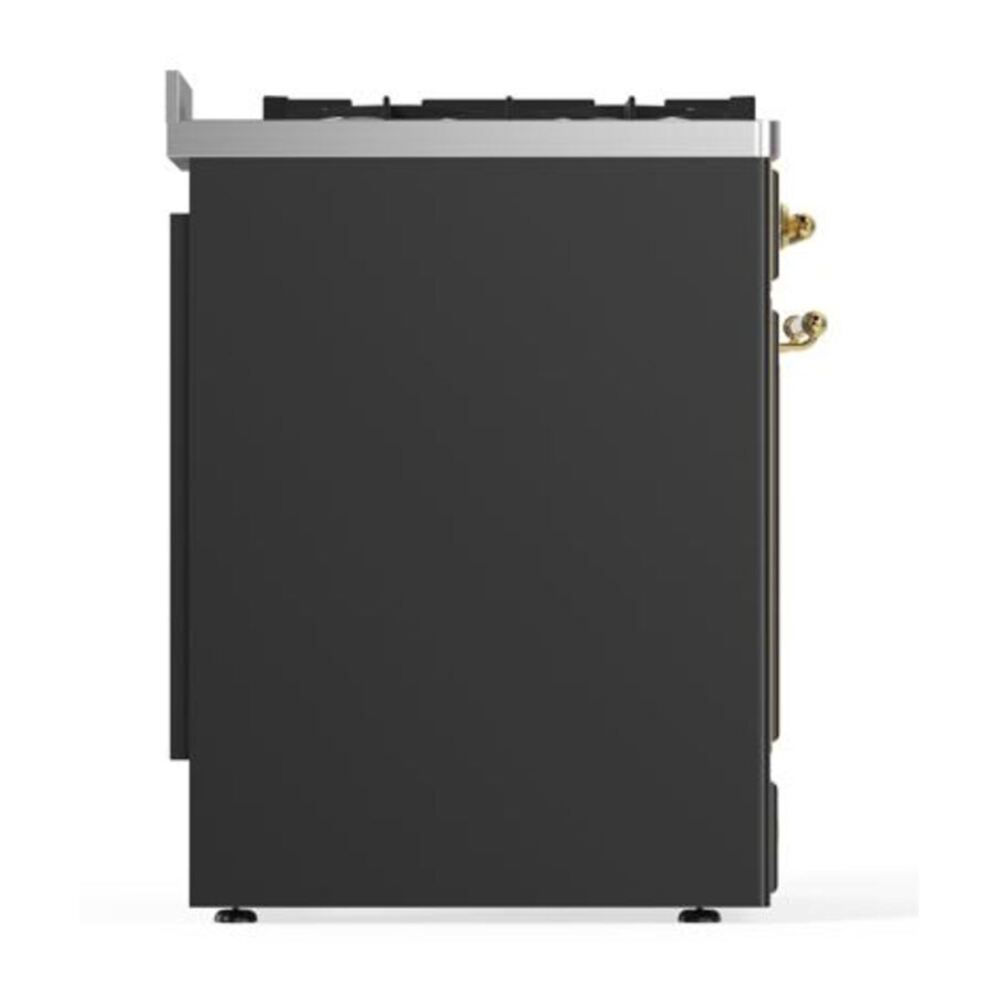 ILVE UM30DQNE3MGGLP Majestic II 30 inch Dual Fuel Range with 5 Black Brass Burners (Liquid Propane, Solid Door, Graphite Matte, Brass) 8 ILVE_UM30DQNE3MGGLP_Majestic_II_30"_Dual_Fuel_Range_Left_Angle