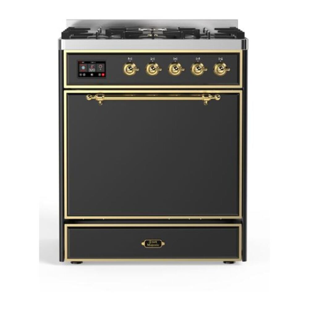 ILVE UM30DQNE3MGG Majestic II 30 inch Dual Fuel Range with 5 Black Brass Burners (Natural Gas, Solid Door, Graphite Matte, Brass) 1 UM30DQNE3MGG