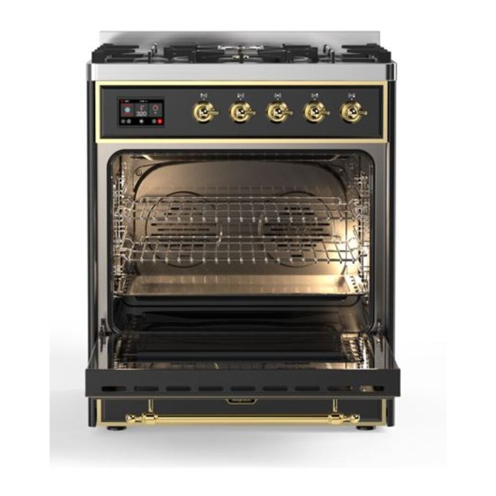 ILVE UM30DQNE3MGG Majestic II 30 inch Dual Fuel Range with 5 Black Brass Burners (Natural Gas, Solid Door, Graphite Matte, Brass) 5 ILVE_UM30DQNE3MGG_Majestic_II_30_Dual_Fuel_Range_Front_View