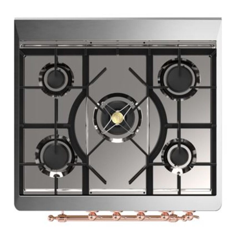 ILVE UM30DQNE3MGPLP Majestic II 30 inch Dual Fuel Range with 5 Black Brass Burners (Liquid Propane, Solid Door, Graphite Matte, Copper) 7 ILVE_UM30DQNE3MGPLP_Majestic_II_30"_Dual_Fuel_Range_Top_Angle