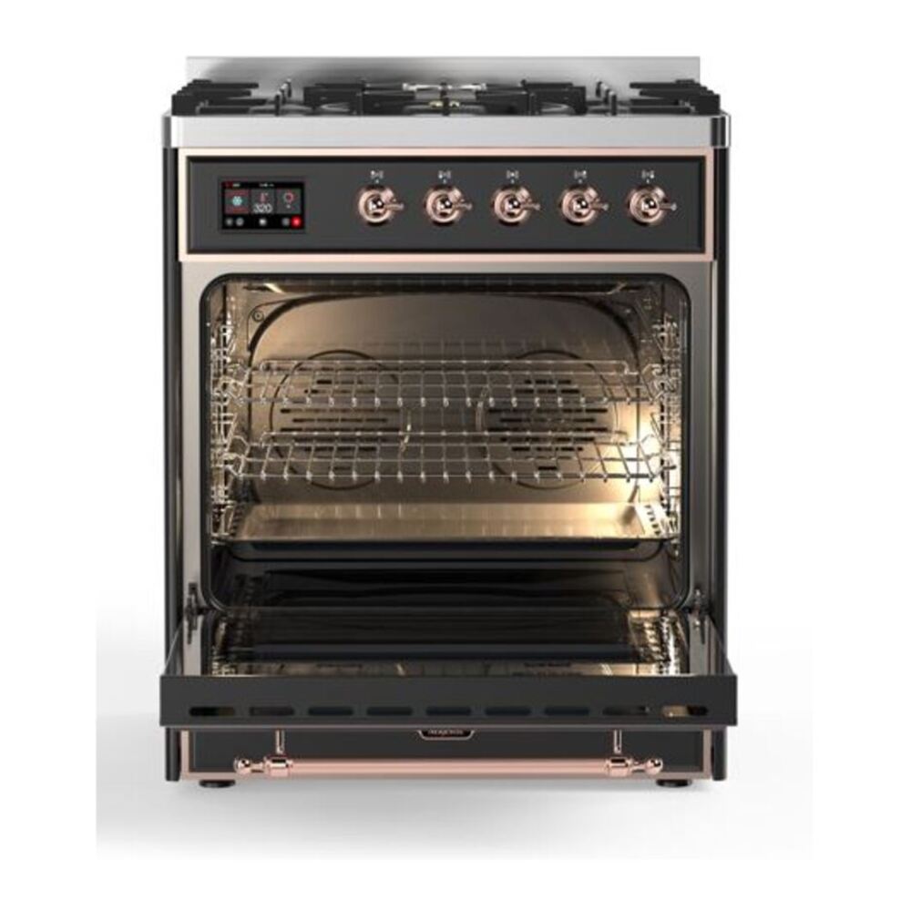 ILVE UM30DQNE3MGP Majestic II 30 inch Dual Fuel Range with 5 Black Brass Burners (Natural Gas, Solid Door, Graphite Matte, Copper) 5 ILVE_UM30DQNE3MGP_Majestic_II_30_Dual_Fuel_Range_Front_View