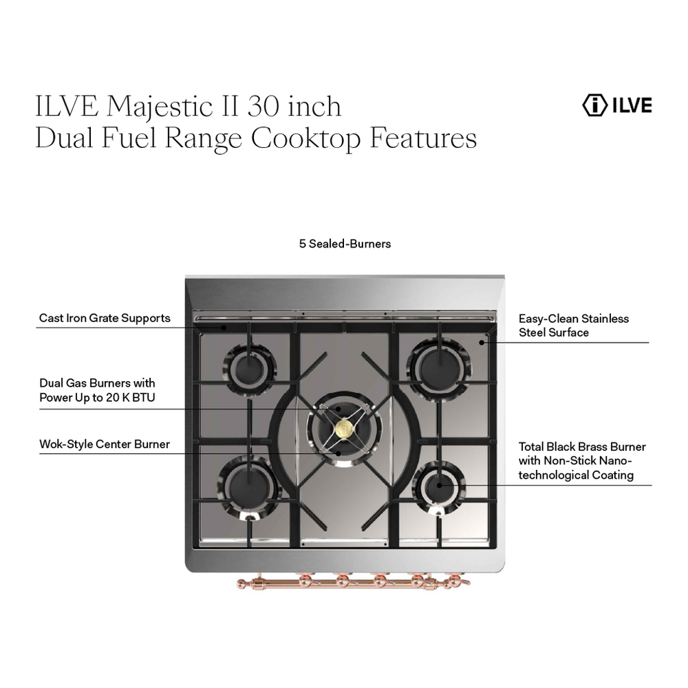 ILVE UM30DQNE3RAG Majestic II 30 inch Dual Fuel Range with 5 Black Brass Burners (Natural Gas, Solid Door, RAL, Brass) 4 UM30DQNE3RAG - cooktop features