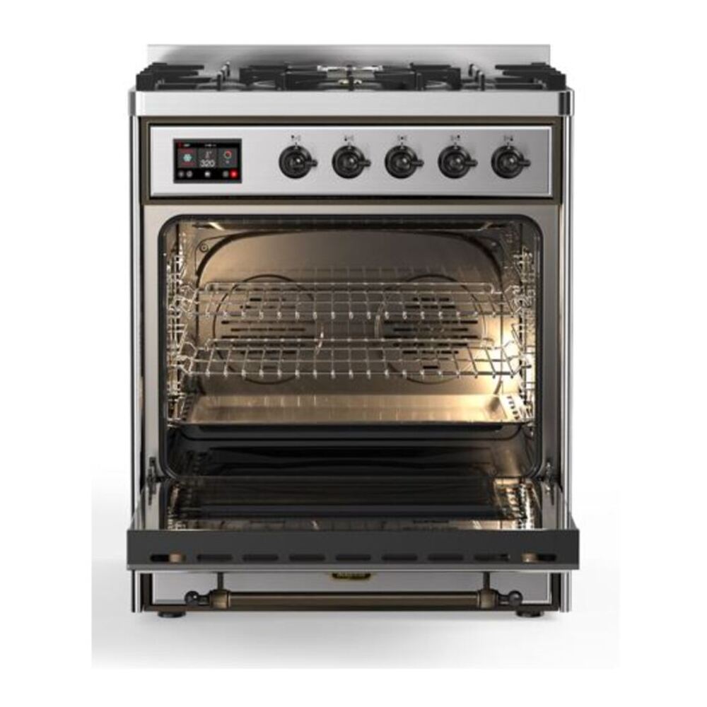 ILVE UM30DQNE3SSBLP Majestic II 30 inch Dual Fuel Range with 5 Black Brass Burners (Liquid Propane, Solid Door, Stainless Steel, Burnished) 5 ILVE_UM30DQNE3SSBLP_Majestic_II_30"_Dual_Fuel_Range_Front_View