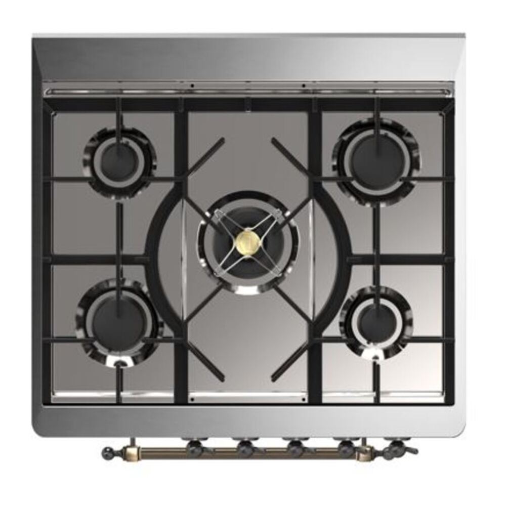 ILVE UM30DQNE3SSBLP Majestic II 30 inch Dual Fuel Range with 5 Black Brass Burners (Liquid Propane, Solid Door, Stainless Steel, Burnished) 7 ILVE_UM30DQNE3SSBLP_Majestic_II_30"_Dual_Fuel_Range_Top_Angle