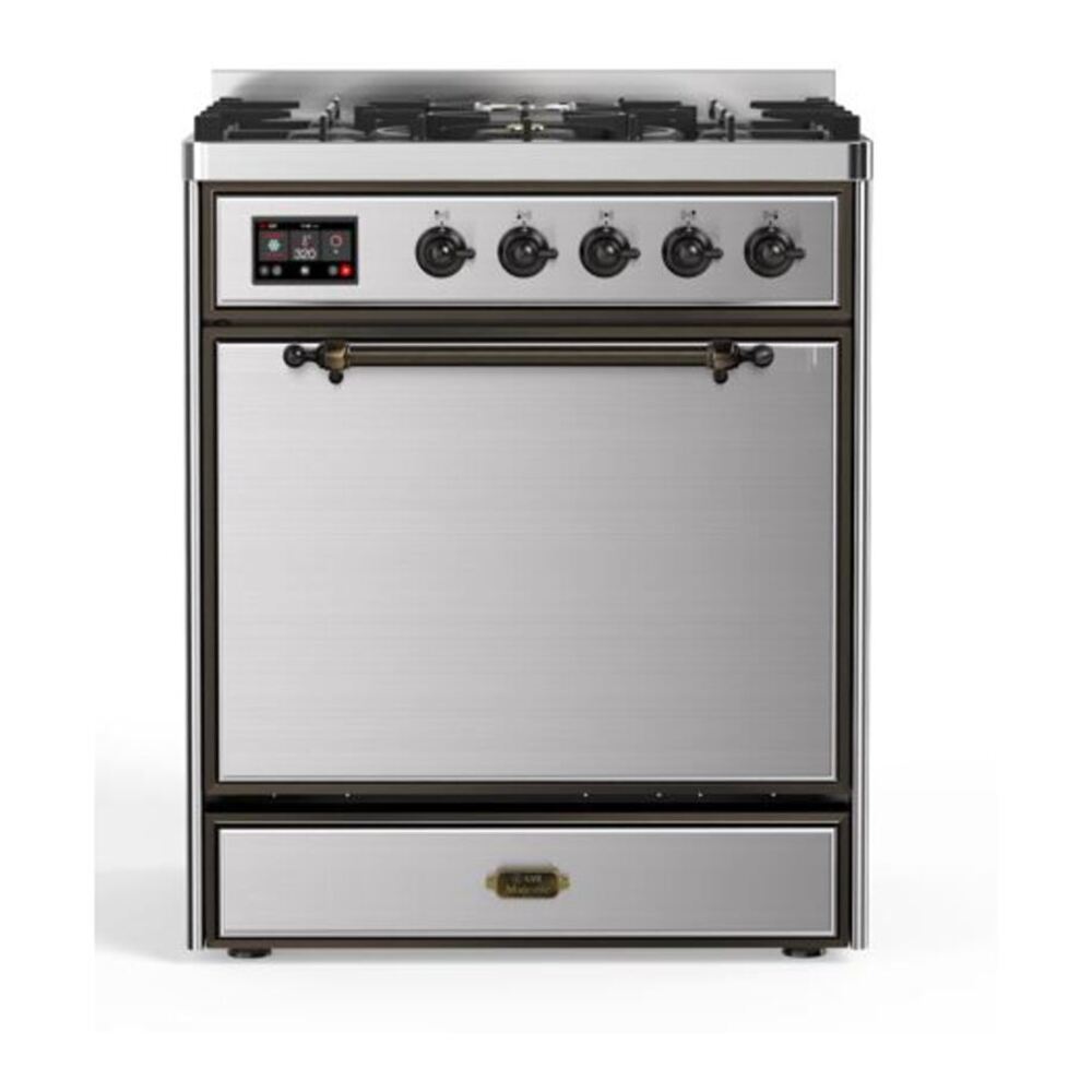 ILVE UM30DQNE3SSB Majestic II 30 inch Dual Fuel Range with 5 Black Brass Burners (Natural Gas, Solid Door, Stainless Steel, Burnished) 1 UM30DQNE3SSB
