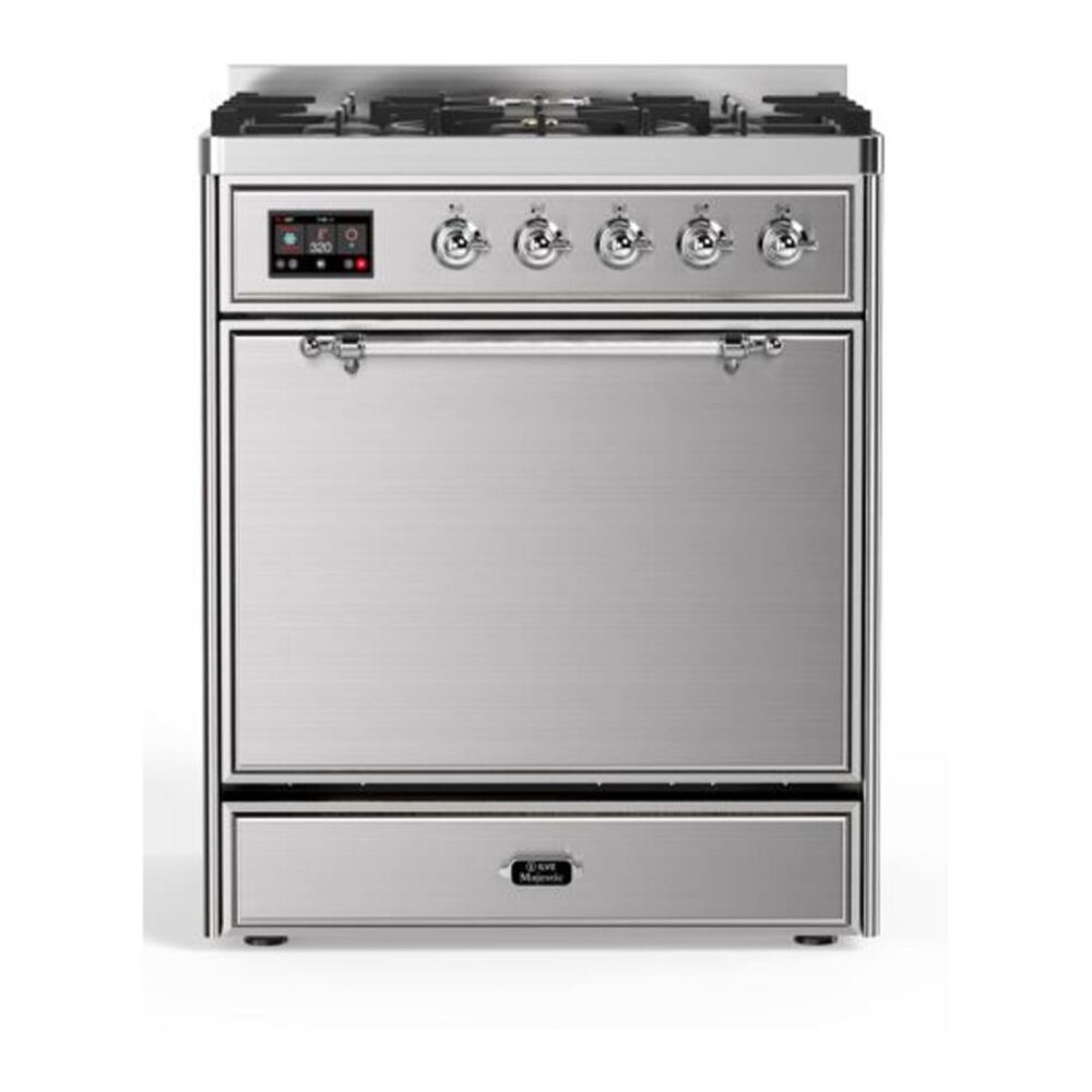 ILVE UM30DQNE3SSC Majestic II 30 inch Dual Fuel Range with 5 Black Brass Burners (Natural Gas, Solid Door, Stainless Steel, Chrome) 1 UM30DQNE3SSC