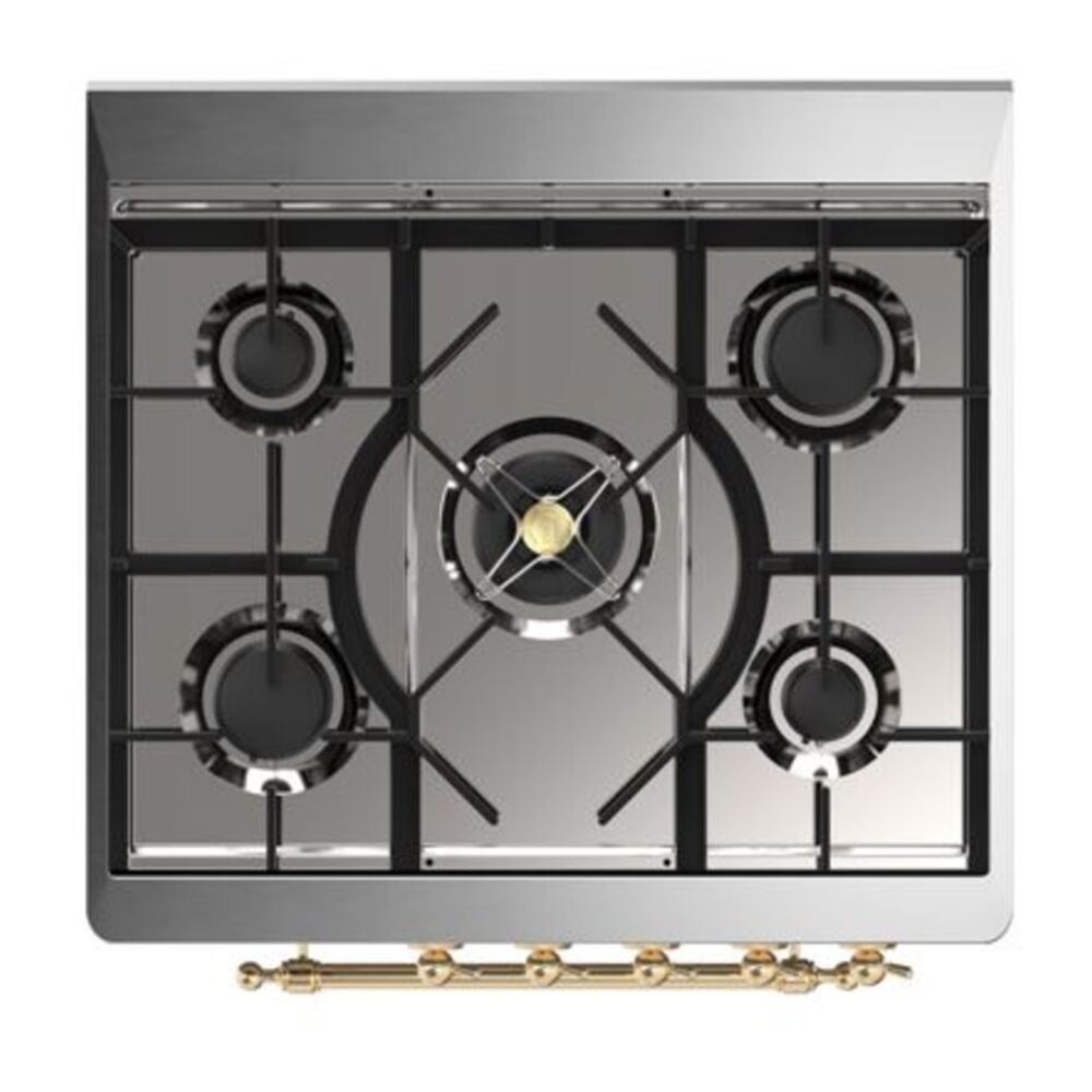 ILVE UM30DQNE3SSGLP Majestic II 30 inch Dual Fuel Range with 5 Black Brass Burners (Liquid Propane, Solid Door, Stainless Steel, Brass) 7 ILVE_UM30DQNE3SSGLP_Majestic_II_30"_Dual_Fuel_Range_Top_Angle