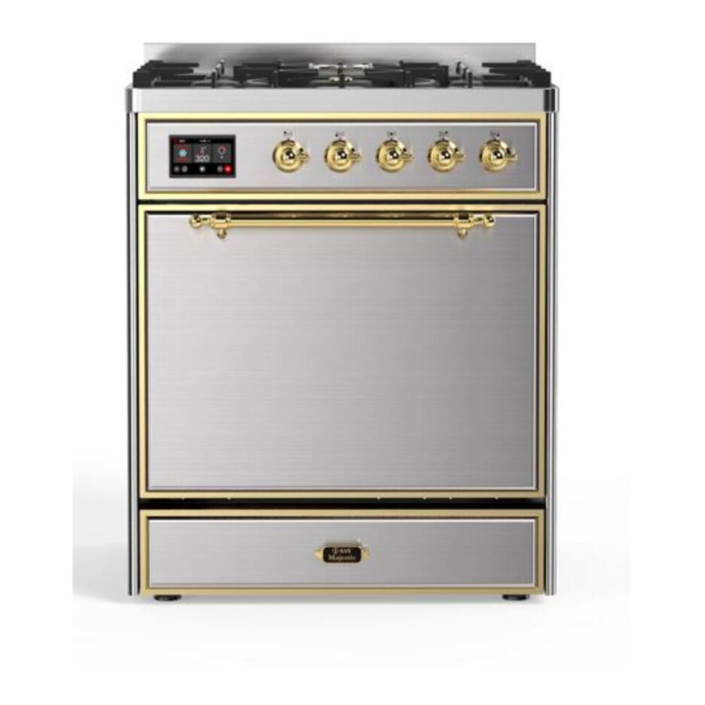 ILVE UM30DQNE3SSG Majestic II 30 inch Dual Fuel Range with 5 Black Brass Burners (Natural Gas, Solid Door, Stainless Steel, Brass) 1 UM30DQNE3SSG