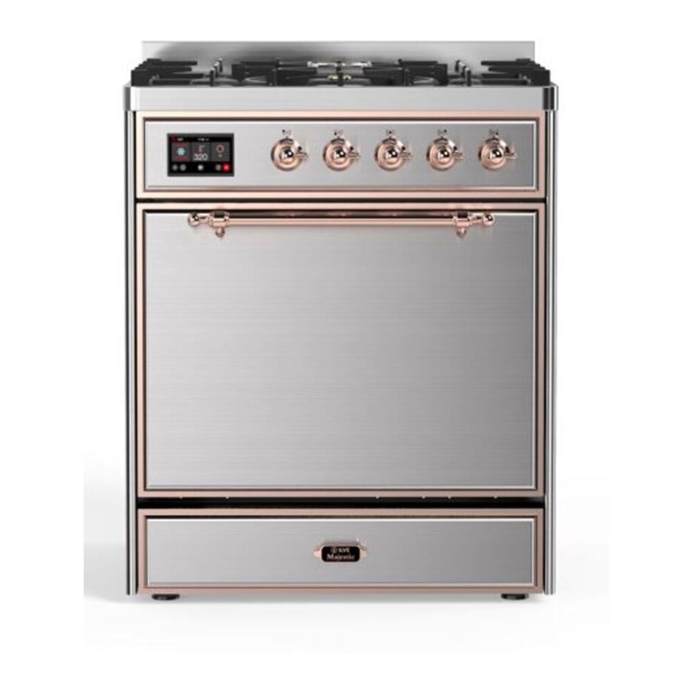ILVE UM30DQNE3SSPLP Majestic II 30 inch Dual Fuel Range with 5 Black Brass Burners (Liquid Propane, Solid Door, Stainless Steel, Copper) 1 UM30DQNE3SSPLP