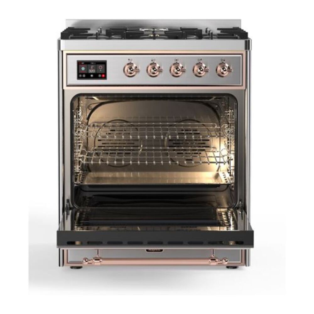 ILVE UM30DQNE3SSPLP Majestic II 30 inch Dual Fuel Range with 5 Black Brass Burners (Liquid Propane, Solid Door, Stainless Steel, Copper) 5 ILVE_UM30DQNE3SSPLP_Majestic_II_30"_Dual_Fuel_Range_Front_View