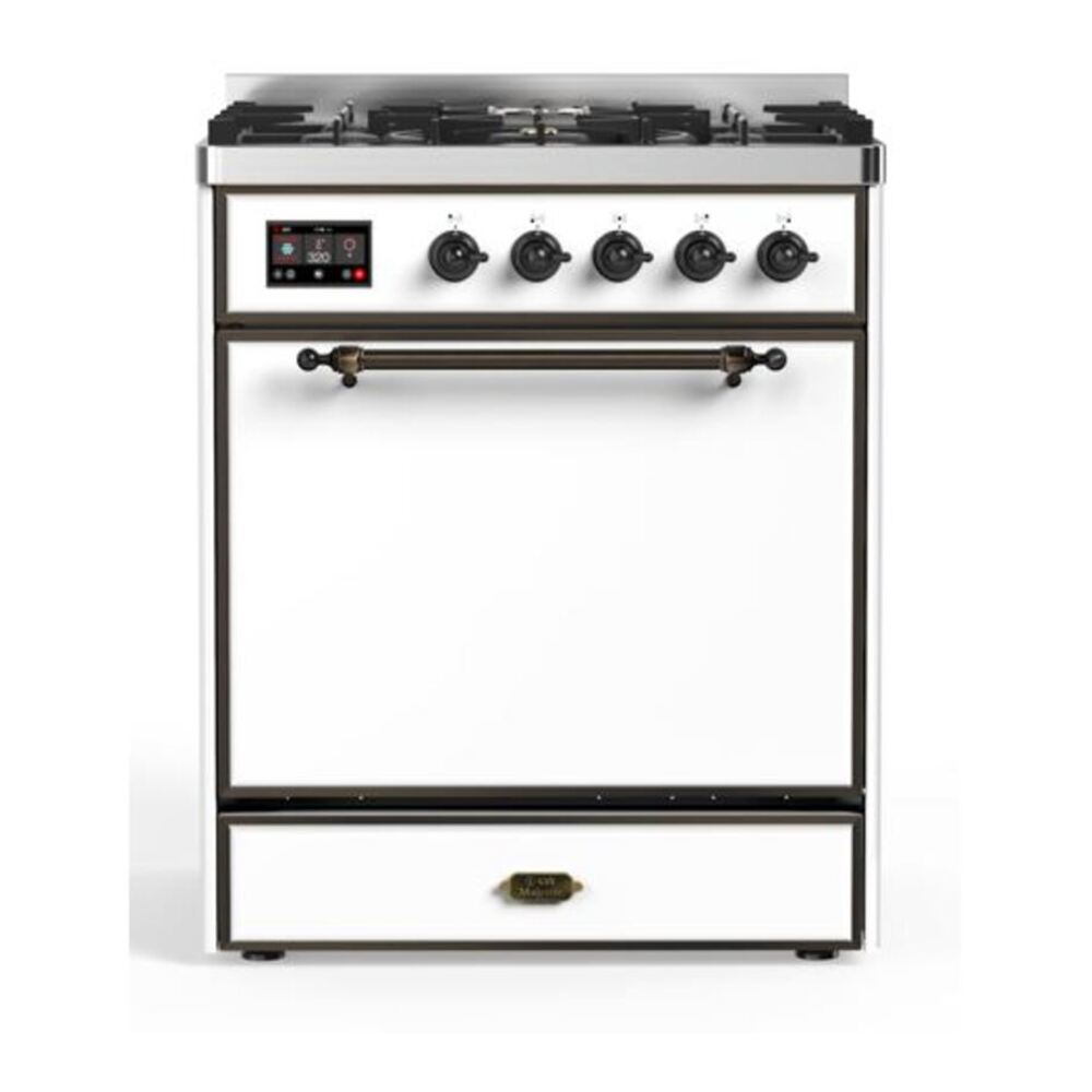 ILVE UM30DQNE3WHB Majestic II 30 inch Dual Fuel Range with 5 Black Brass Burners (Natural Gas, Solid Door, White, Burnished) 1 UM30DQNE3WHB