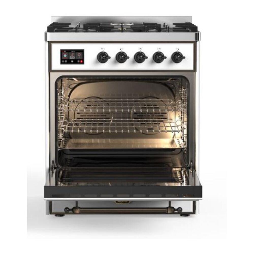 ILVE UM30DQNE3WHB Majestic II 30 inch Dual Fuel Range with 5 Black Brass Burners (Natural Gas, Solid Door, White, Burnished) 5 ILVE_UM30DQNE3WHB_Majestic_II_30_Dual_Fuel_Range_Front_View