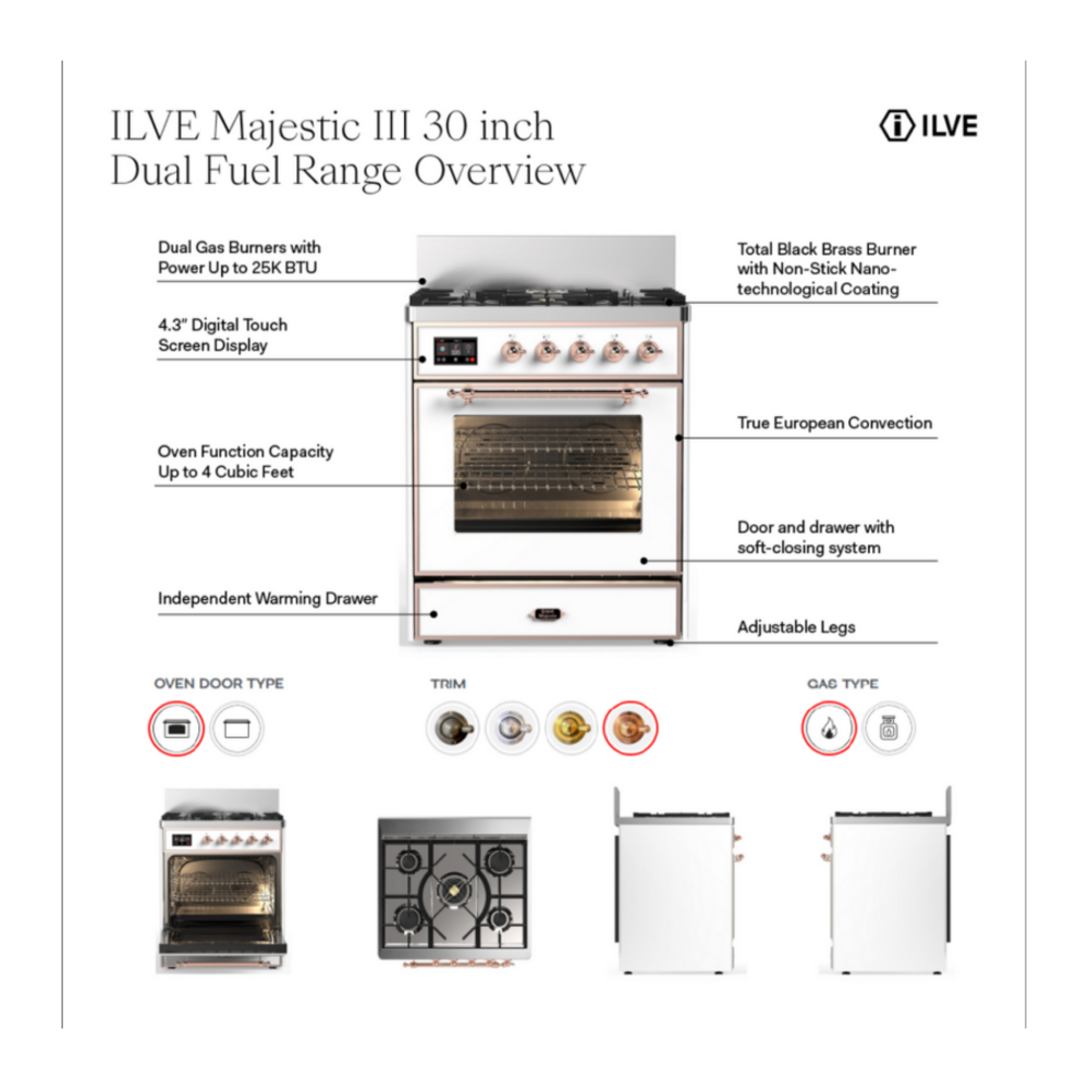 ILVE UM30N Majestic III 30 inch Dual Fuel Range with 5 Black Brass Burners, Dual Function Burner up to 25,000 BTU