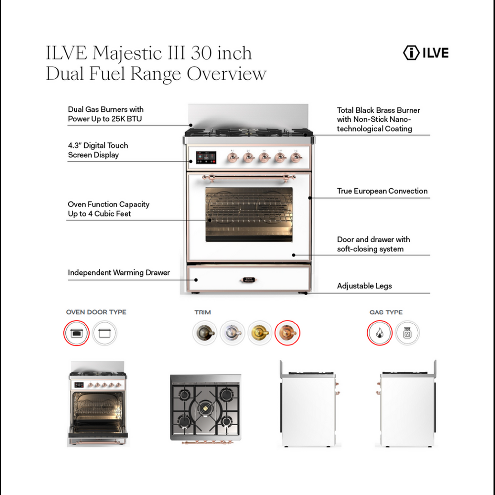 ILVE UM30NR3AWPLP Majestic III 30 inch Dual Fuel Range with 5 Black Brass Burners, Dual Function Burner up to 25,000 BTU (Liquid Propane, Triple Glass Door, Antique White, Copper) 2 ILVE UM30N Majestic III 30 inch Dual Fuel Range with 5 Black Brass Burners, Dual Function Burner up to 25,000 BTU