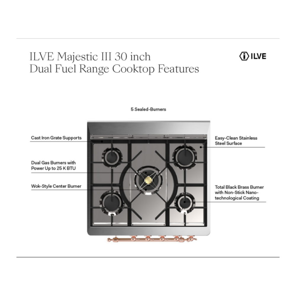 ILVE UM30N Majestic III 30 inch Dual Fuel Range with 5 Black Brass Burners, Dual Function Burner up to 25,000 BTU