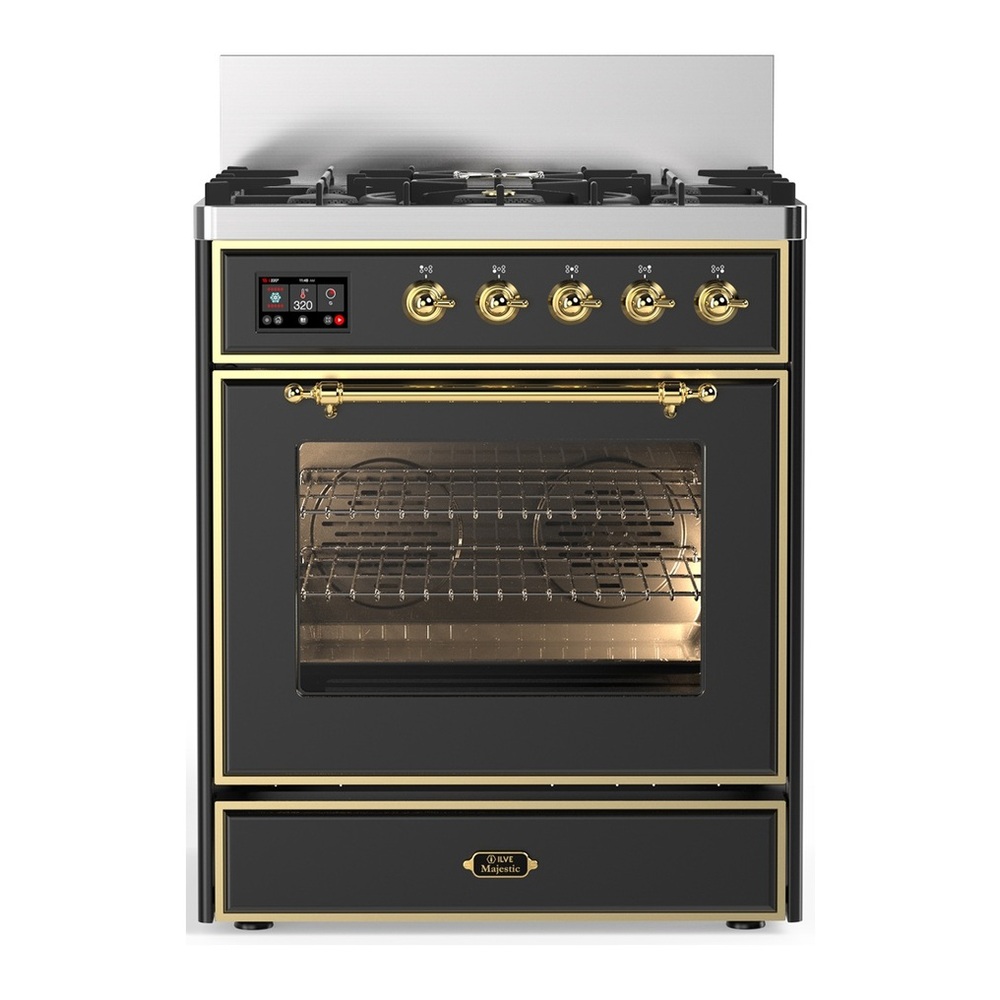 ILVE UM30NR3MGGLP Majestic III 30 inch Dual Fuel Range with 5 Black Brass Burners, Dual Function Burner up to 25,000 BTU (Liquid Propane, Triple Glass Door, Graphite Matte, Brass) 1 UM30NR3MGGLP