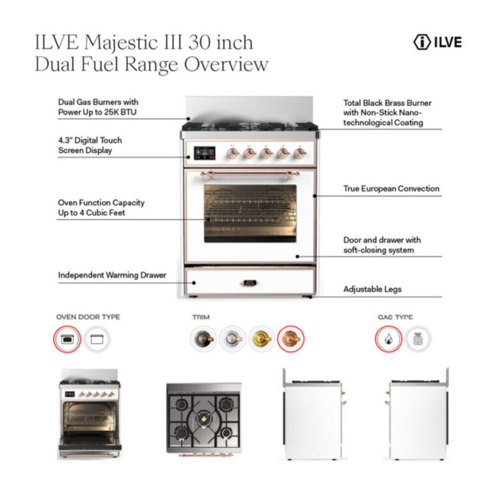 ILVE UM30N Majestic III 30 inch Dual Fuel Range with 5 Black Brass Burners, Dual Function Burner up to 25,000 BTU