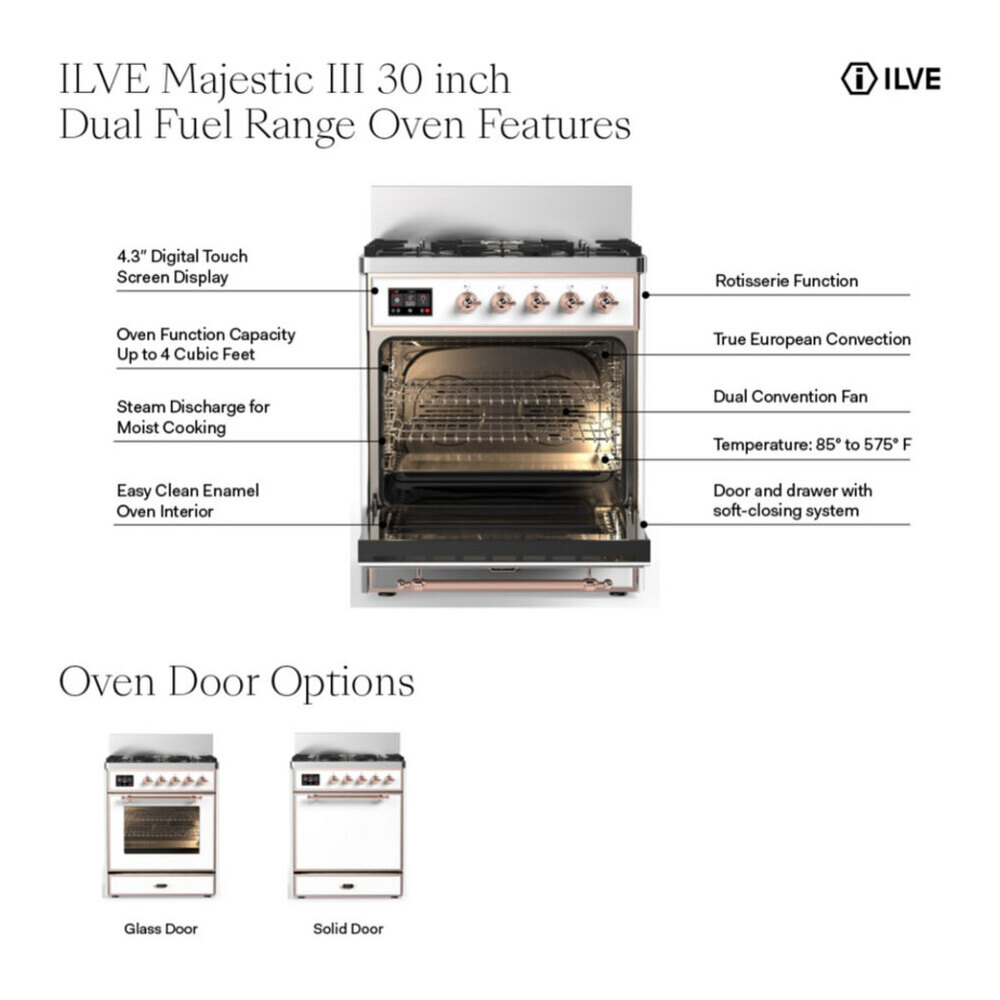 ILVE UM30NR3MMP Majestic III 30 inch Dual Fuel Range with 5 Black Brass Burners, Dual Function Burner up to 25,000 BTU (Natural Gas, Triple Glass Door, Mediterranean Mint, Copper) 3 ILVE UM30N Majestic III 30 inch Dual Fuel Range with 5 Black Brass Burners, Dual Function Burner up to 25,000 BTU