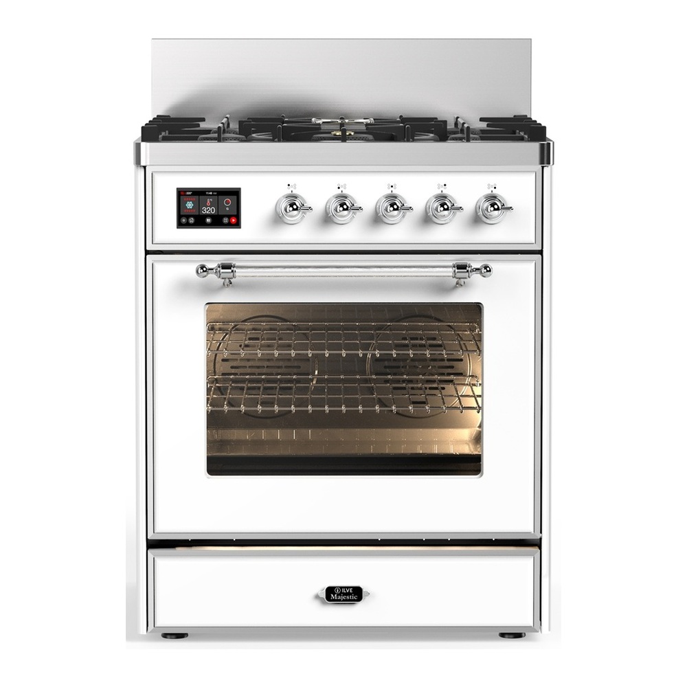 ILVE UM30NR3WHCLP Majestic III 30 inch Dual Fuel Range with 5 Black Brass Burners, Dual Function Burner up to 25,000 BTU (Liquid Propane, Triple Glass Door, White, Chrome) 1 UM30NR3WHCLP
