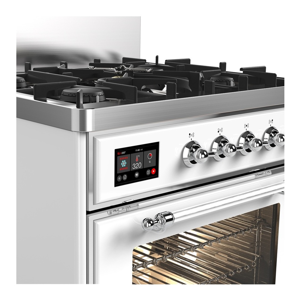 ILVE UM30NR3WHCLP Majestic III 30 inch Dual Fuel Range with 5 Black Brass Burners, Dual Function Burner up to 25,000 BTU (Liquid Propane, Triple Glass Door, White, Chrome) 2 UM30NR3WHCLP-Chrome