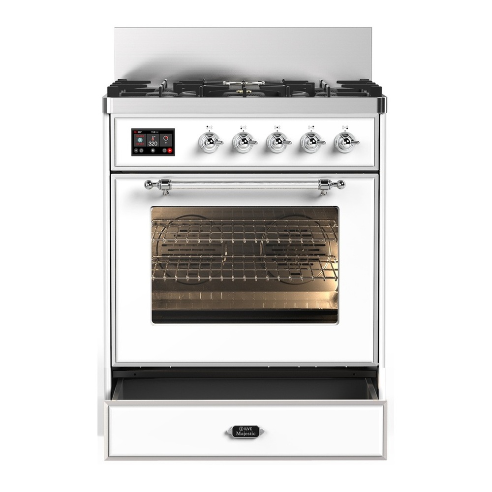 ILVE UM30NR3WHCLP Majestic III 30 inch Dual Fuel Range with 5 Black Brass Burners, Dual Function Burner up to 25,000 BTU (Liquid Propane, Triple Glass Door, White, Chrome) 3 UM30NR3WHCLP-Storage-Drawer