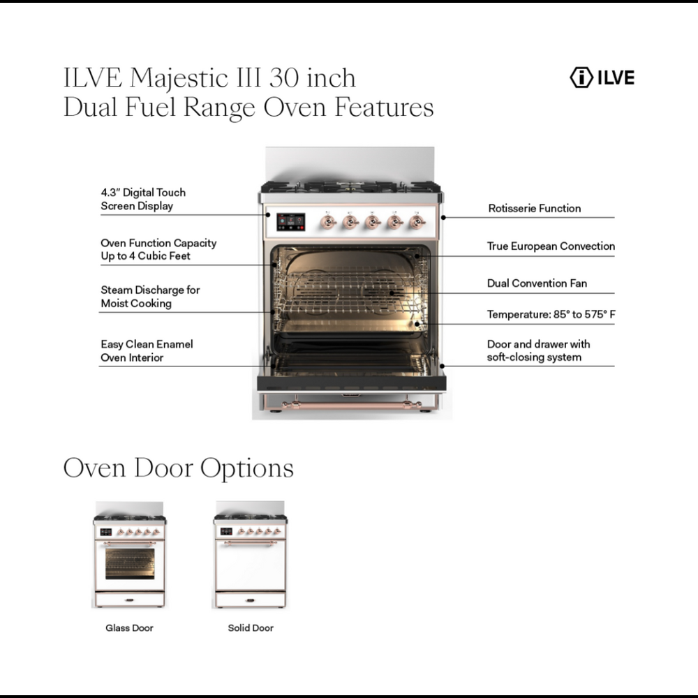 ILVE UM30NR3WHCLP Majestic III 30 inch Dual Fuel Range with 5 Black Brass Burners, Dual Function Burner up to 25,000 BTU (Liquid Propane, Triple Glass Door, White, Chrome) 3 ILVE UM30N Majestic III 30 inch Dual Fuel Range with 5 Black Brass Burners, Dual Function Burner up to 25,000 BTU