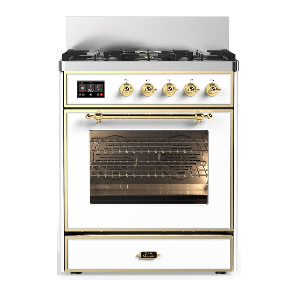 ILVE UM30NR3WHGLP Majestic III 30 inch Dual Fuel Range with 5 Black Brass Burners, Dual Function Burner up to 25,000 BTU (Liquid Propane, Triple Glass Door, White, Brass) 1 UM30NR3WHGLP