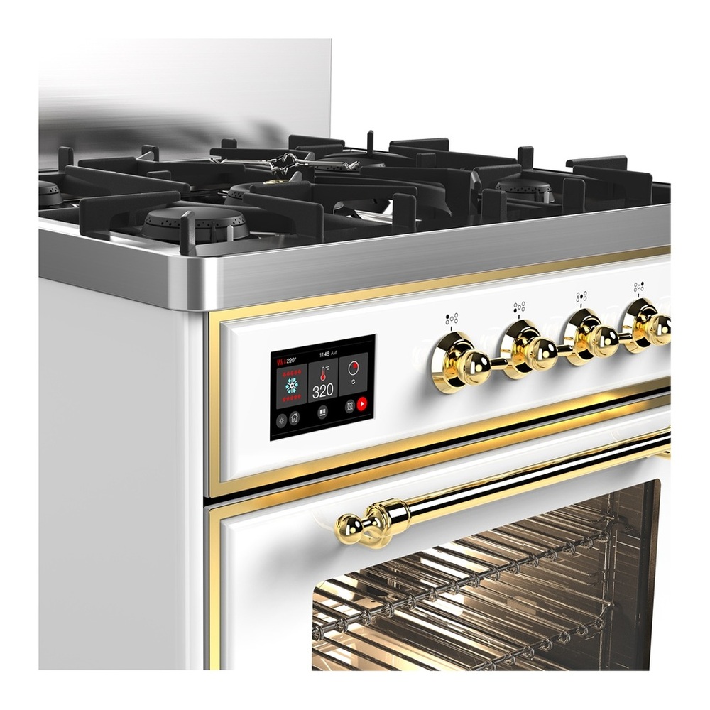 ILVE UM30NR3WHGLP Majestic III 30 inch Dual Fuel Range with 5 Black Brass Burners, Dual Function Burner up to 25,000 BTU (Liquid Propane, Triple Glass Door, White, Brass) 2 UM30NR3WHGLP-Brass