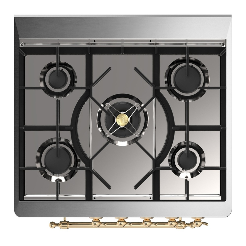 ILVE UM30NR3WHGLP Majestic III 30 inch Dual Fuel Range with 5 Black Brass Burners, Dual Function Burner up to 25,000 BTU (Liquid Propane, Triple Glass Door, White, Brass) 7 UM30NR3WHGLP-Cooktop