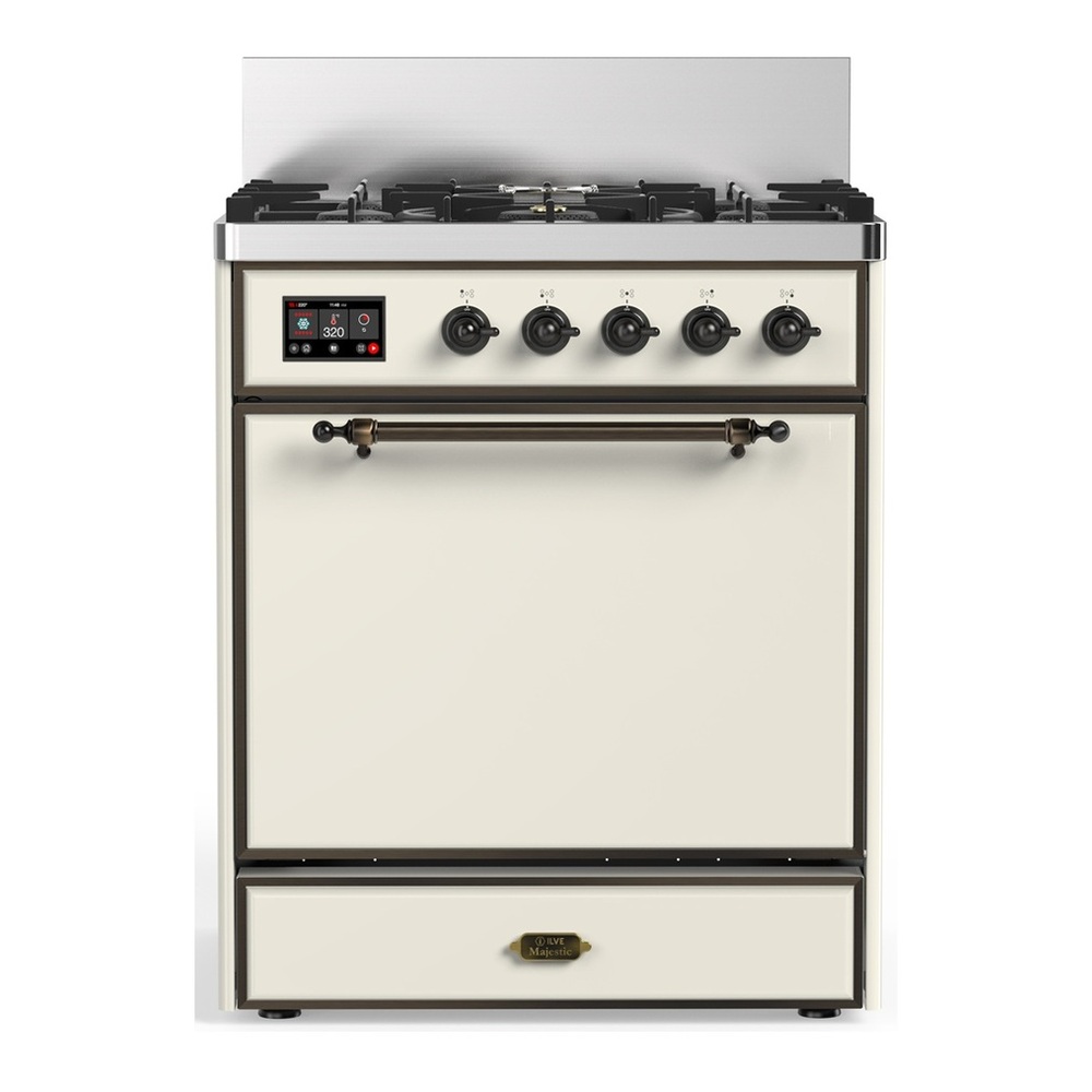 ILVE UM30QNR3AWB Majestic III 30 inch Dual Fuel Range with 5 Black Brass Burners, Dual Function Burner up to 25,000 BTU (Natural Gas, Solid Door, Antique White, Burnished) 1 UM30QNR3AWB