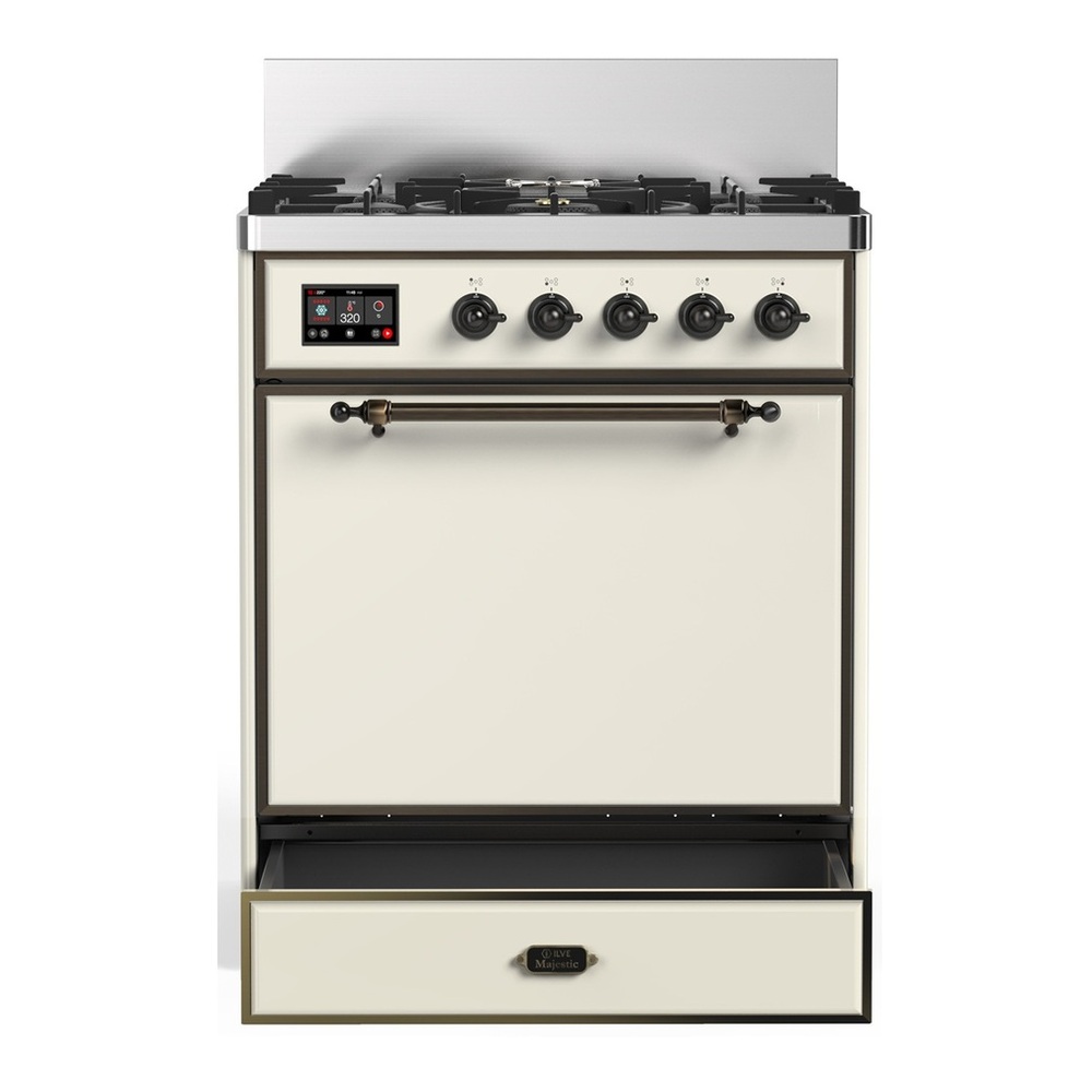 ILVE UM30QNR3AWB Majestic III 30 inch Dual Fuel Range with 5 Black Brass Burners, Dual Function Burner up to 25,000 BTU (Natural Gas, Solid Door, Antique White, Burnished) 3 UM30QNR3AWB-Storage-Drawer