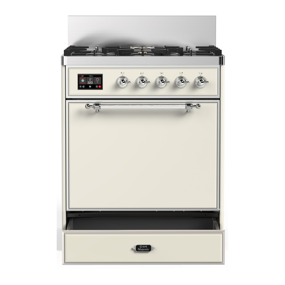 ILVE UM30QNR3AWCLP Majestic III 30 inch Dual Fuel Range with 5 Black Brass Burners, Dual Function Burner up to 25,000 BTU (Liquid Propane, Solid Door, Antique White, Chrome) 3 UM30QNR3AWCLP-Storage-Drawer