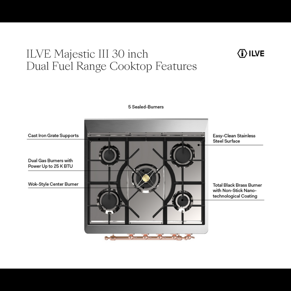 ILVE UM30QNR3AWCLP Majestic III 30 inch Dual Fuel Range with 5 Black Brass Burners, Dual Function Burner up to 25,000 BTU (Liquid Propane, Solid Door, Antique White, Chrome) 4 ILVE UM30N Majestic III 30 inch Dual Fuel Range with 5 Black Brass Burners, Dual Function Burner up to 25,000 BTU