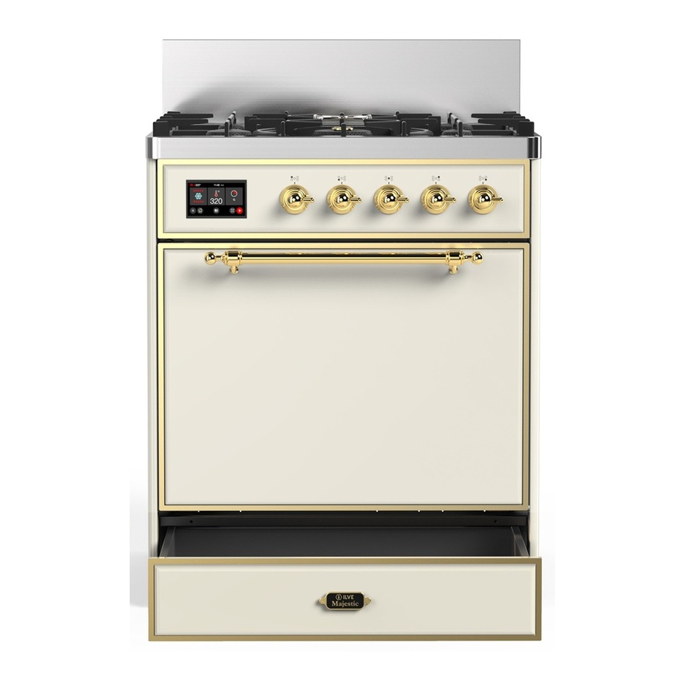 ILVE UM30QNR3AWGLP Majestic III 30 inch Dual Fuel Range with 5 Black Brass Burners, Dual Function Burner up to 25,000 BTU (Liquid Propane, Solid Door, Antique White, Brass) 3 UM30QNR3AWGLP-Storage-Drawer