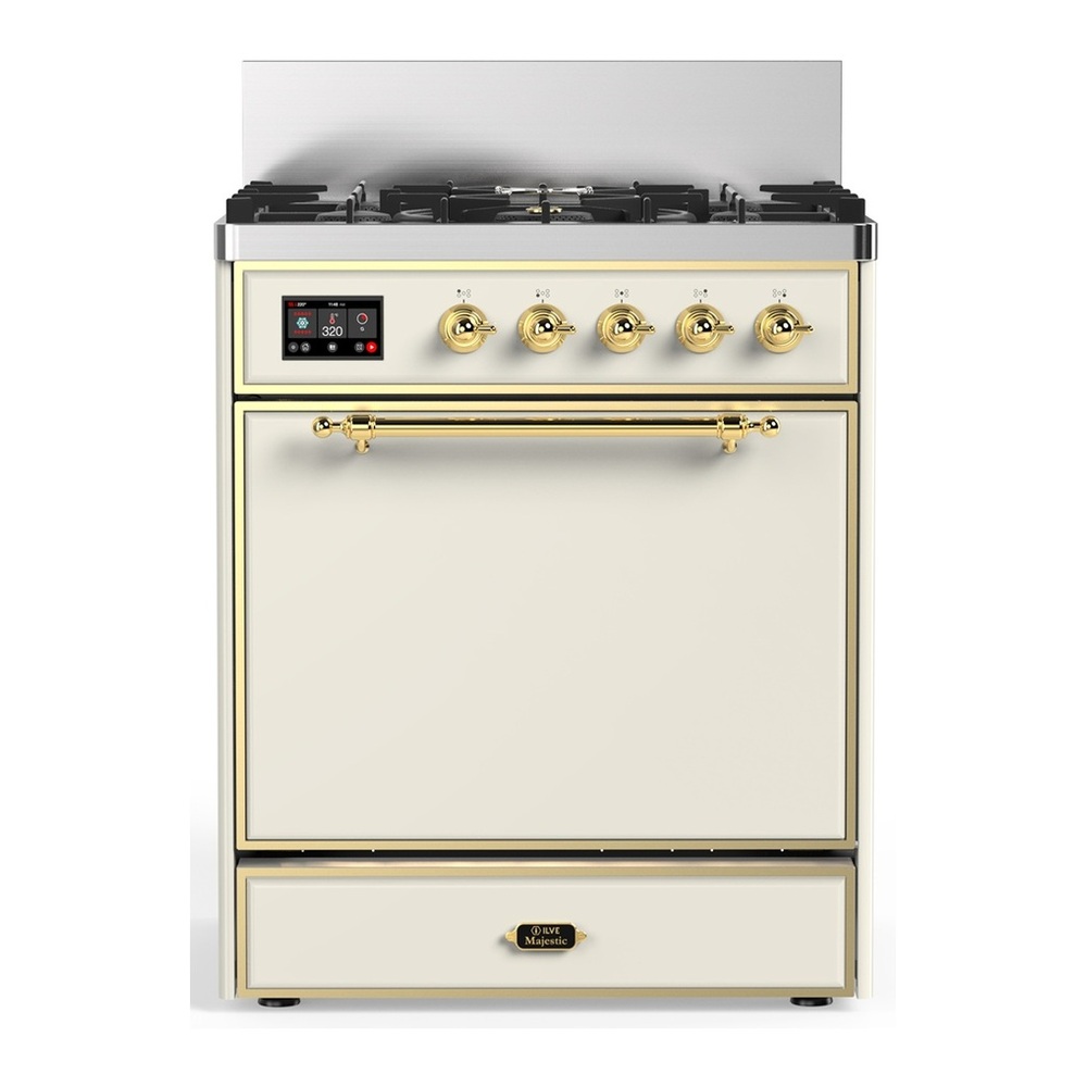 ILVE UM30QNR3AWG Majestic III 30 inch Dual Fuel Range with 5 Black Brass Burners, Dual Function Burner up to 25,000 BTU (Natural Gas, Solid Door, Antique White, Brass) 1 UM30QNR3AWG