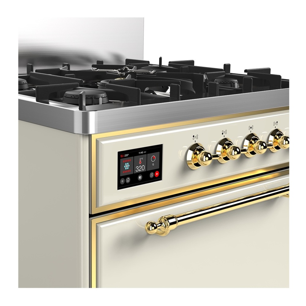 ILVE UM30QNR3AWG Majestic III 30 inch Dual Fuel Range with 5 Black Brass Burners, Dual Function Burner up to 25,000 BTU (Natural Gas, Solid Door, Antique White, Brass) 2 UM30QNR3AWG-Brass-Accents