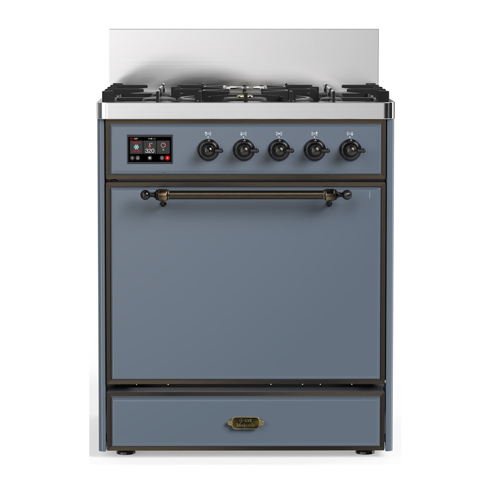 ILVE UM30QNR3BGB Majestic III 30 inch Dual Fuel Range with 5 Black Brass Burners, Dual Function Burner up to 25,000 BTU (Natural Gas, Solid Door, Blue Grey, Burnished) 1 UM30QNR3BGB