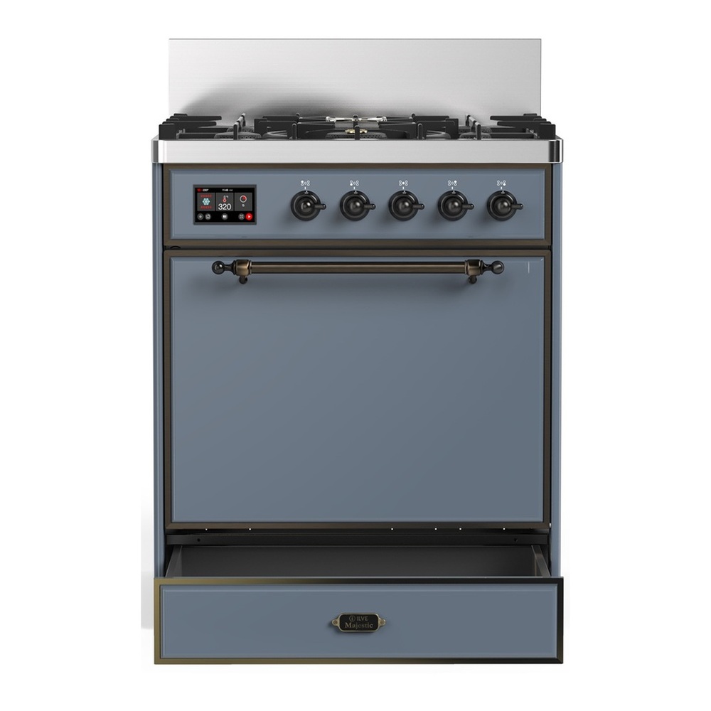 ILVE UM30QNR3BGB Majestic III 30 inch Dual Fuel Range with 5 Black Brass Burners, Dual Function Burner up to 25,000 BTU (Natural Gas, Solid Door, Blue Grey, Burnished) 3 UM30QNR3BGB-Storage-Drawer